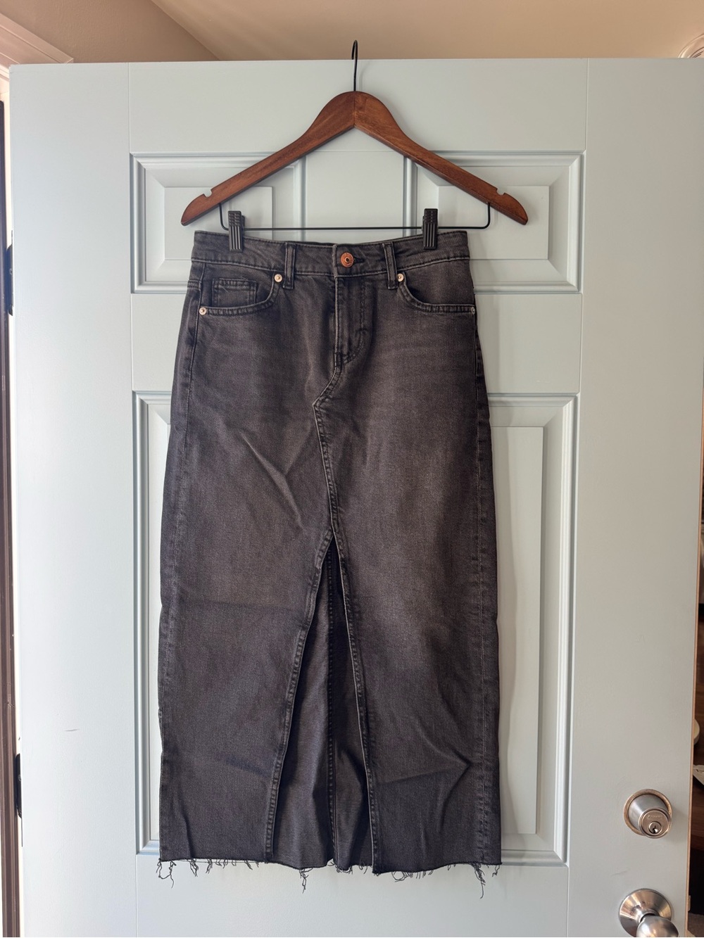 H&M Black Washed Denim Midi Skirt with Front Slit